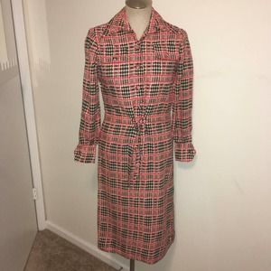Vintage 70's Casi Red Off White & Black Hounds Tooth 100% Wool Print Dress M